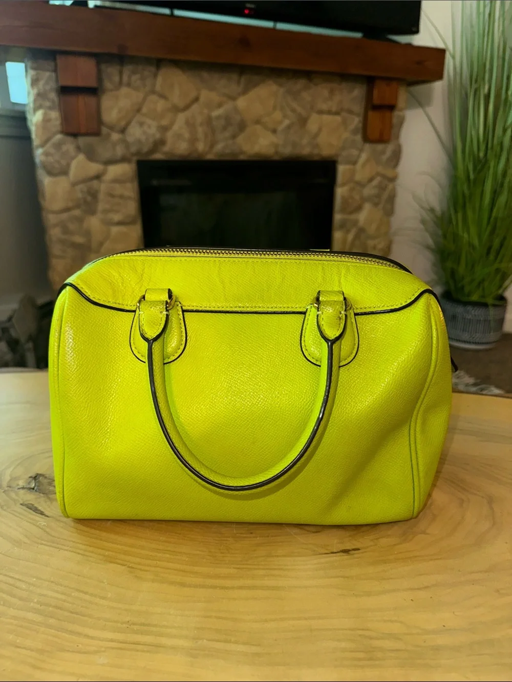 💚💛💚💛Coach Neon Yellow/lime Saffiano Leather Satchel with Cherry Charm